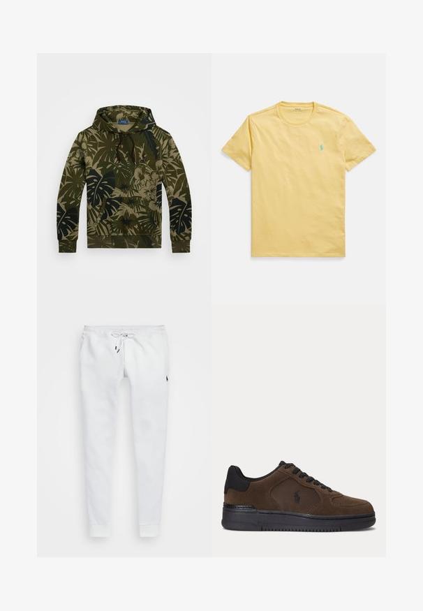 Hætte sweatshirt i olivengrøn med et blomstermotiv og bladmønster i mørkere grønlige nuancer. Har en kengurulomme og snøredetaljer.; Gul bomuld t-shirt med rund halsudskæring, korte ærmer og et lille turkis polo-logo på venstre bryst. Glat tekstur.; Hvide træningsbukser lavet af blødt stof, med en træk-snor i taljen, sidelommer og ribbede manchetter. Lille logo på låret.; Mørkebrun lavtop sneaker med sort sål, sorte snørebånd og mesh sidepanel med lille sort logo.