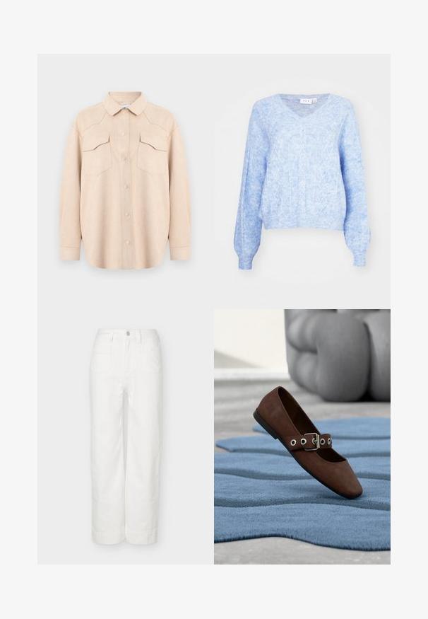 Pull en V bleu clair avec un motif en torsades texturé, manches longues et bords côtelés. Tissu doux et léger avec une coupe décontractée.; Chemise beige clair à manches longues avec col, fermeture à boutons et deux poches poitrine à rabat, présentée sur un fond clair uni.; Pantalon blanc à jambes larges avec taille haute, bouton et fermeture éclair à l'avant, et deux poches plaquées à l'avant, présenté sur un fond uni.; Chaussure plate en daim marron avec bride à boucle reposant sur un tapis bleu texturé, avec un meuble gris capitonné en arrière-plan.