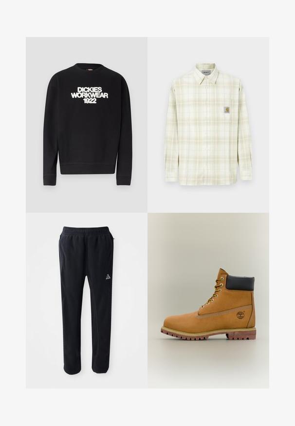 Must musta ümmarguse kaelusega dressipluus valge tekstuurse kirjaga "DICKIES WORKWEAR 1922" rinnal, soonikkoes mansetid ja ääred.; Helevalge ruuduline särk, millel on pikad varrukad, nööpidega eesosa ja rindkere tasku koos logopatchiga. Valmistatud pehmest puuvillast materjalist.; Mustad mustad atletikud pehmes, tekstureeritud materjalis, millel on elastne vöökoht, küljetaskud ja kolmnurkne logo aksent reie peal.; Pruun nahast pahkluu saabas musta kraega, kollaste paelte ja beežide tallaga. Omab logo ja valge õmbluse detaile. Tugeva haardega välistald.