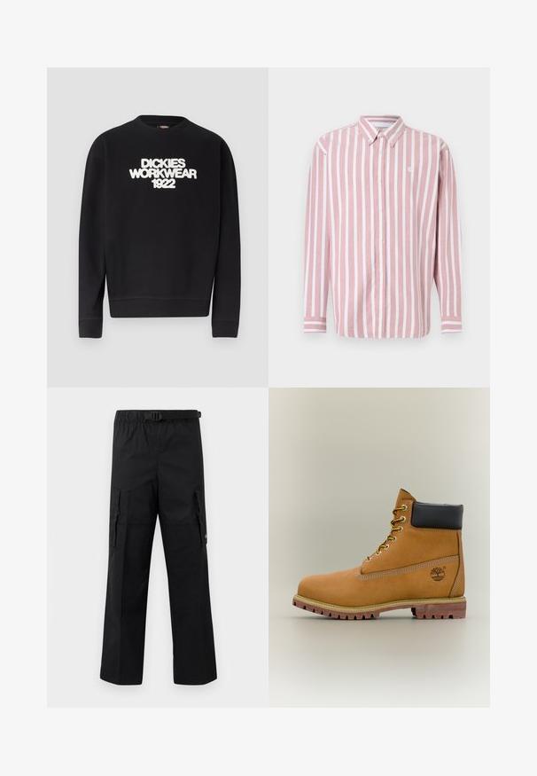 Sweat-shirt noir à col rond avec texte blanc texturé "DICKIES WORKWEAR 1922" sur la poitrine, poignets et ourlet côtelés.; Chemise à boutons rayée rose et blanche. Comprend un col, des manches longues et un petit logo. Fabriquée en tissu tissé.; Pantalons cargo noirs avec une coupe large, une taille ajustable avec une boucle et deux poches latérales pour le rangement. Tissu léger.; Bottine en cuir marron avec col noir, lacets jaunes et semelle beige. Présente un logo et des détails de couture blanche. Semelle extérieure à traction robuste.