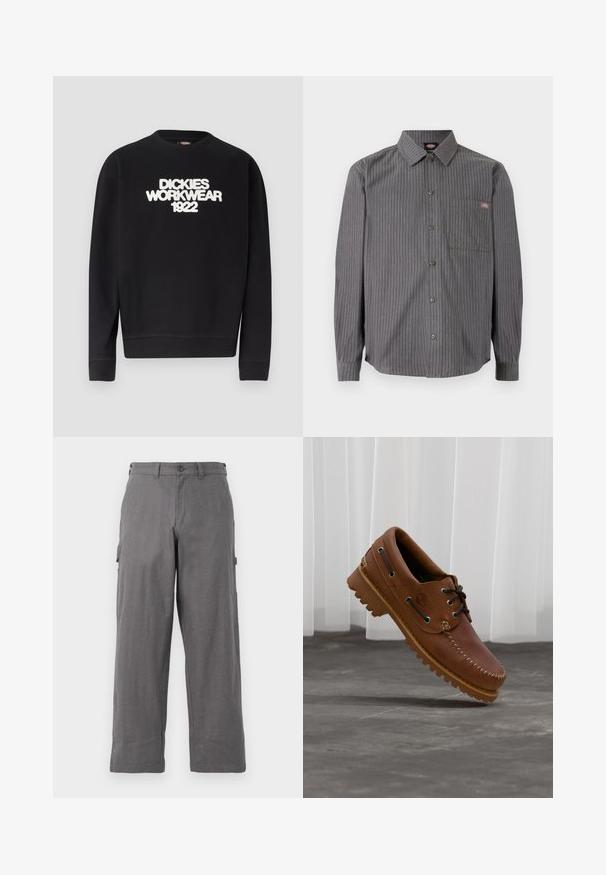 Schwarzer Rundhalsausschnitt-Pullover mit weißem, strukturiertem Text "DICKIES WORKWEAR 1922" auf der Brust, gerippte Bündchen und Saum.; Graues Hemd mit dünnen weißen Streifen, langen Ärmeln, einer Brusttasche und einem klassischen Kragen. Aus robustem Stoff gefertigt.; Graue Cargo-Hosen mit geradem Bein-Design, aus strapazierfähigem Stoff. Mit Seitentaschen und einem Knopfverschluss an der Taille.; Brauner Leder-Bootsschuh mit schwarzen Schnürsenkeln, beigen Nähten und einer robusten Sohle, schwebt über einem grauen Betonboden.