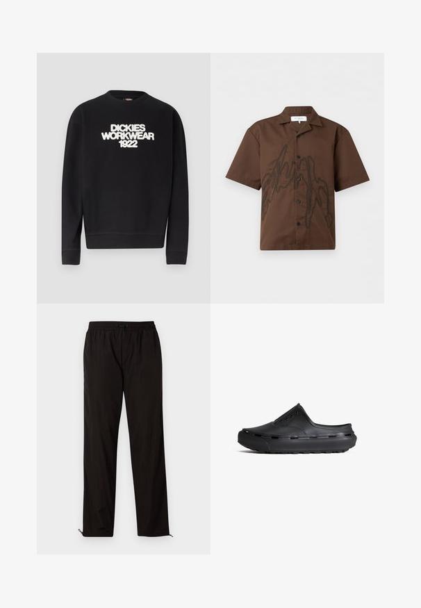 Schwarzer Rundhalsausschnitt-Pullover mit weißem, strukturiertem Text "DICKIES WORKWEAR 1922" auf der Brust, gerippte Bündchen und Saum.; Braunes Kurzarm-Hemd mit Knöpfen, schwarzem abstraktem gesticktem Muster und spitzem Kragen, vor einem schlichten Hintergrund präsentiert.; Schwarze leichte Hose mit elastischem Bund, Kordelzugverschluss und Reißverschluss am Saum für eine verstellbare Passform. Glatte, elegante Textur.; Schwarze Gummiklötze mit rundlichem Design, offenem Absatz, Belüftungslöchern und strukturiertem Sohlenprofil für besseren Halt. Verfügt über glattes Material mit geschwungenen Linien.