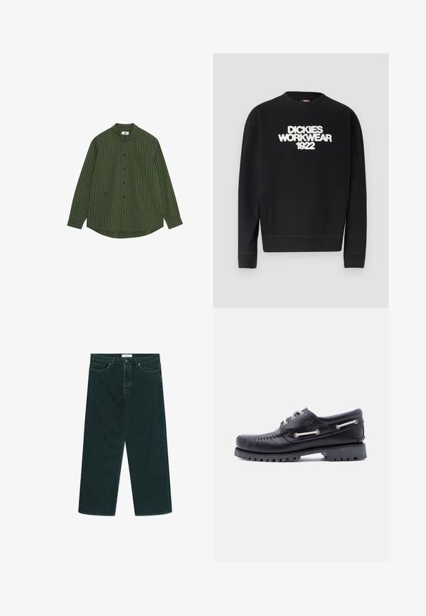 Sweat-shirt noir à col rond avec texte blanc texturé "DICKIES WORKWEAR 1922" sur la poitrine, poignets et ourlet côtelés.; Chemise à manches longues à rayures verticales vert foncé et marine, dotée d'un col avec boutons, d'une poche sur la poitrine gauche et d'un ourlet arrondi.; Jeans en denim vert foncé à jambes larges avec fermeture à bouton et à zip, poches avant et passants de ceinture, posés à plat sur un fond blanc.; Chaussure bateau en cuir noir avec détails cousus, semelle en caoutchouc antidérapante et œillets métalliques avec lacets blancs. Logo accentué sur le côté.