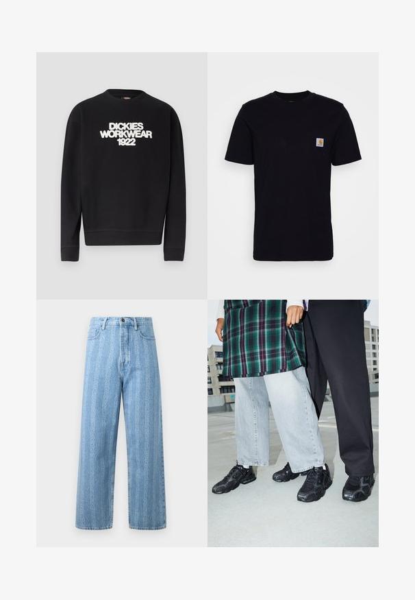Sweat-shirt noir à col rond avec texte blanc texturé "DICKIES WORKWEAR 1922" sur la poitrine, poignets et ourlet côtelés.; T-shirt en coton noir à manches courtes, col rond et poche poitrine avec un petit patch logo carré. Design simple et uni.; Jean en denim bleu clair avec une coupe large, arborant un motif chaîne répétitif. Style classique à cinq poches avec détails en métal sur le bouton.; Baskets de sport noires avec des accents en mesh et en caoutchouc. Portées avec un jean large gris clair et un haut à carreaux vert. Fond à surface plane.