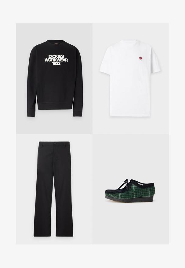 Schwarzer Rundhalsausschnitt-Pullover mit weißem, strukturiertem Text "DICKIES WORKWEAR 1922" auf der Brust, gerippte Bündchen und Saum.; Schlichtes weißes T-Shirt mit kurzen Ärmeln und kleinem rotem Herz-Emblem auf der linken Brustseite vor hellgrauem Hintergrund.; Schwarze Hosen mit geradem Bein, hergestellt aus glattem Stoff. Mit einer vorderen Knopfverschluss und ohne sichtbare Muster oder Akzente.; Grüne und schwarze gemusterte Schuhe mit einem Obermaterial aus Wildleder, runder Zehenform, Schnürsenkeln und einer strukturierten Gummisohle.