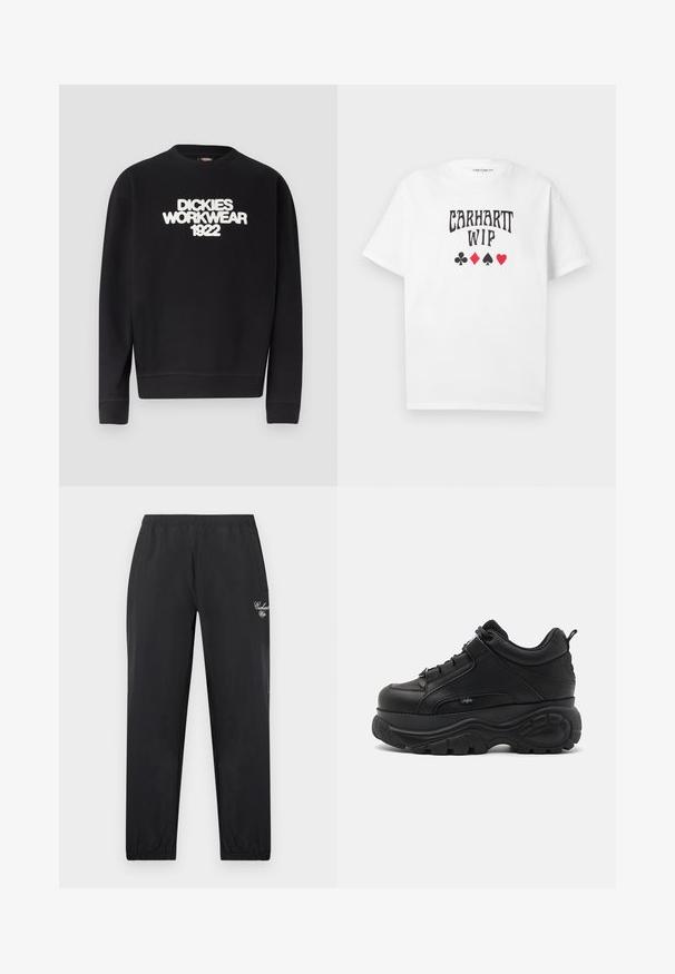 Sweat-shirt noir à col rond avec texte blanc texturé "DICKIES WORKWEAR 1922" sur la poitrine, poignets et ourlet côtelés.; T-shirt blanc à manches courtes avec le texte « CARHARTT WIP » et quatre symboles de couleurs de cartes à jouer (trèfle, carreau, pique, cœur) centrés sur la poitrine.; Pantalon de survêtement noir fuselé avec taille élastique et poignets, poches latérales, et logo blanc en script sur la cuisse droite.; Baskets chunky en cuir noir avec une semelle en caoutchouc épaisse, au design épuré et aux accents texturés. Comprend des lacets et une languette au talon.