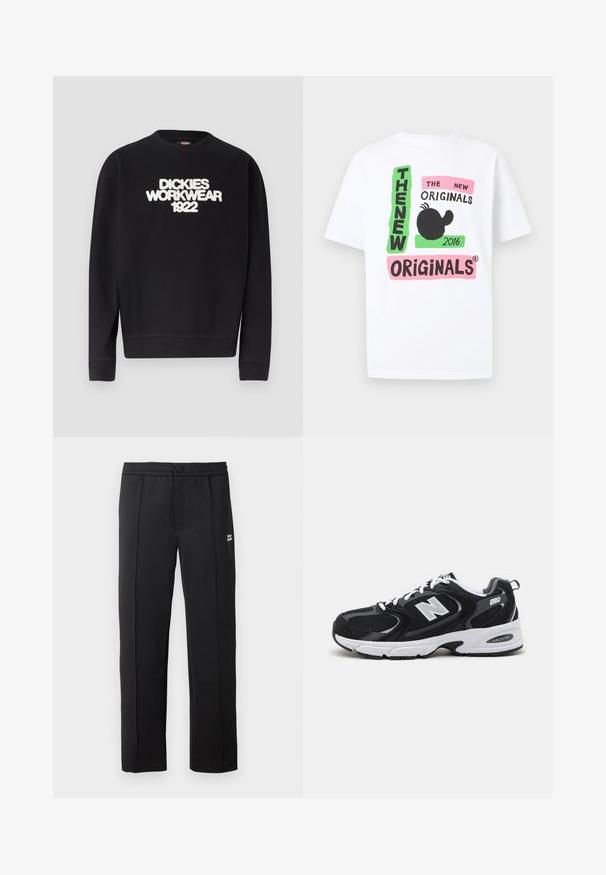 Must musta ümmarguse kaelusega dressipluus valge tekstuurse kirjaga "DICKIES WORKWEAR 1922" rinnal, soonikkoes mansetid ja ääred.; Valge lühikeste varrukatega t-särk, millel on värvilised graafilised tekstiplokid, millel on kiri "THE NEW ORIGINALS 2016", ja keskel must abstraktne kuju.; Mustadest siledast kangast püksid, millel on nupuga sulgemine, küljetaskud ja väike logo ees. Sirge jala disain.; Must värvi ja hallid spordijalatsid, mille ülemine osa on valmistatud võrgust ja nahast, valge vaheosaga, paeltega ja küljel julge "N" logo.