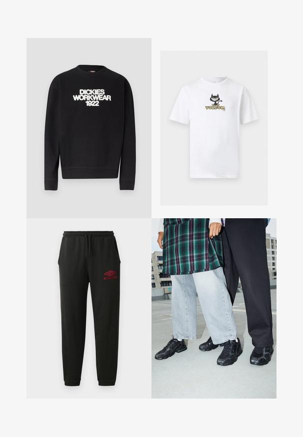 Sort crewneck-sweatshirt med hvidt, tekstureret tekst "DICKIES WORKWEAR 1922" på brystet, ribstrikkede manchetter og kant.; Hvid T-shirt med korte ærmer med et centreret motiv af en sort tegneserie-djævel på et skateboard over teksten "volcom" i beige og sort.; Sorte sweatpants med elastisk talje og manchetter, sidelommer og rødt Umbro-logo på venstre lår.; Sorte atletik sko med mesh- og gummidetaljer. Båret med lysegrå vide jeans og en ternet grøn bluse. Flad overflade i baggrunden.