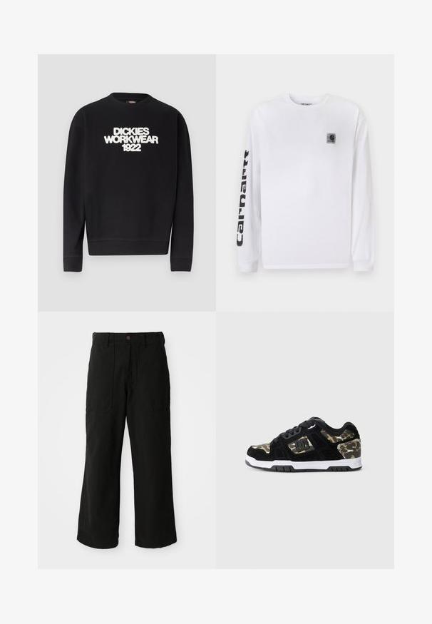Must musta ümmarguse kaelusega dressipluus valge tekstuurse kirjaga "DICKIES WORKWEAR 1922" rinnal, soonikkoes mansetid ja ääred.; Valge pika varrukaga puuvillane T-särk, mille rinnal on väike must logoplaat ja vasakul varrukal julged mustad tähed.; Mustad laiad mustad püksid pehmest kangast, ees taskud ja nupukinnitus taljes. Minimalistlik disain ilma nähtavate mustriteta.; Mustad musta siidise sokiga kets, millel on külgedel kampo muster, valge vaheking ja must kummist väliskeskkond. Omab paelu ja logo detaili külgedel.