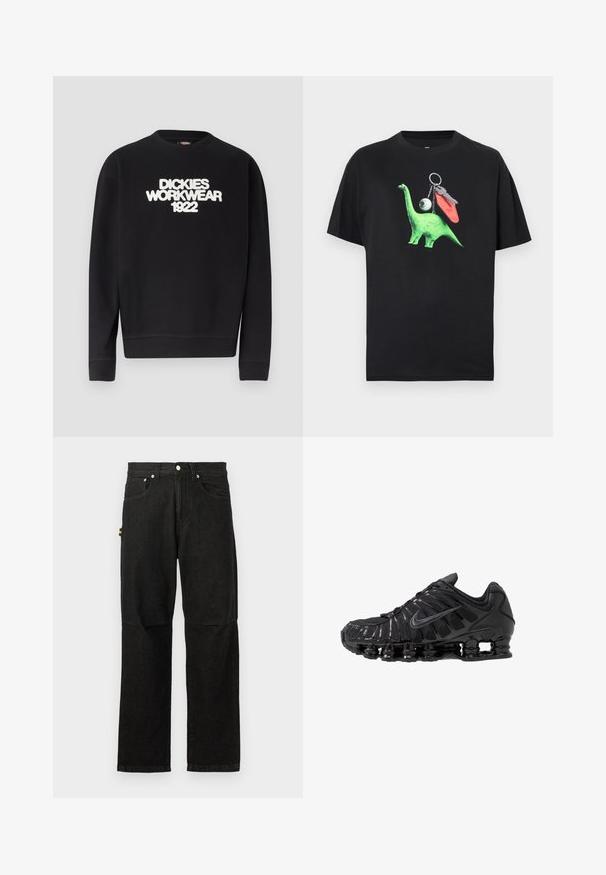 Čierna mikina s okrúhlym výstrihom s bielym textom "DICKIES WORKWEAR 1922" na hrudi, rebrované manžety a spodný lem.; Čierne tričko s grafikou zeleného dinosaura, ktorá obsahuje oko a prívesky na kľúče. Dizajn je hravý a moderný, vhodný na bežné nosenie.; Čierne džínsové nohavice s rovnou nohou, s prednými vreckami, zapínaním na gombíky a minimálnym kovovým vybavením pre čistý vzhľad.; Čierne športové topánky vyrobené zo sieťoviny a syntetických materiálov, s výrazným vlnitým dizajnom, čiernou gumovou podrážkou a reflexnými prvkami.