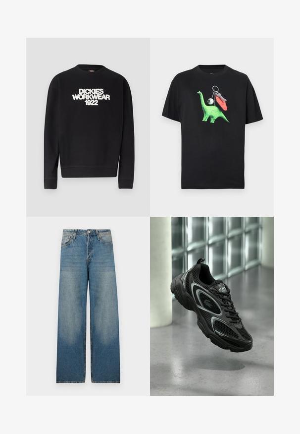 Sort crewneck-sweatshirt med hvidt, tekstureret tekst "DICKIES WORKWEAR 1922" på brystet, ribstrikkede manchetter og kant.; Sort T-shirt med et grønt dinosaurmotiv, inklusive et øje og nøgleringsdetaljer. Designet er legende og moderne, velegnet til afslappet brug.; Lyseblå bredbenede jeans i denimstof med høj talje, fem-lomme design og slidte områder for et vintage look.; Sort atletiksko med mesh og syntetisk materiale, der har en tekstureret sål, slankt design, sølvdetaljer og snørebånd foran.