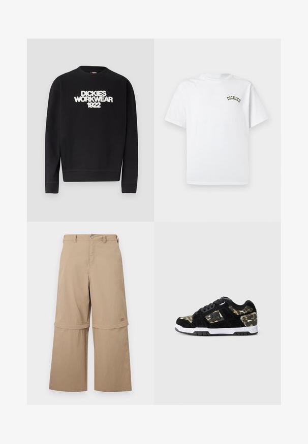 Sort crewneck-sweatshirt med hvidt, tekstureret tekst "DICKIES WORKWEAR 1922" på brystet, ribstrikkede manchetter og kant.; Hvid bomuld t-shirt med korte ærmer og rund halsudskæring. Har en grøn broderet "DICKIES"-logo på venstre brystområde.; Beige cargobukser med aftagelige ben, bæltestropper, sidelommer og knaplukning, vist på hvid baggrund.; Sort ruskinds sneaker med camomønster på siden, hvid mellemsål og sort gummisål. Har snørebånd og logo-detalje på siden.