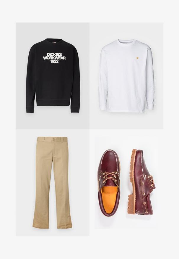 Must musta ümmarguse kaelusega dressipluus valge tekstuurse kirjaga "DICKIES WORKWEAR 1922" rinnal, soonikkoes mansetid ja ääred.; Valge pika varrukaga T-särk, mis on valmistatud puuvillast. Rinnal on väike kuldne logo ja ümar kaelus. Lihtne disain ja standardne lõige.; Beige laienevad püksid, mis on valmistatud puuvilla segust, nööbiga kinnitusega, vöökohtadega ja sileda eesosaga.; Burgundia nahkkingad pruunide kummitaldadega, ümmarguse varbaga, valge tikandi ja kuldsete silmadega. Siseosa on kollase voodriga.