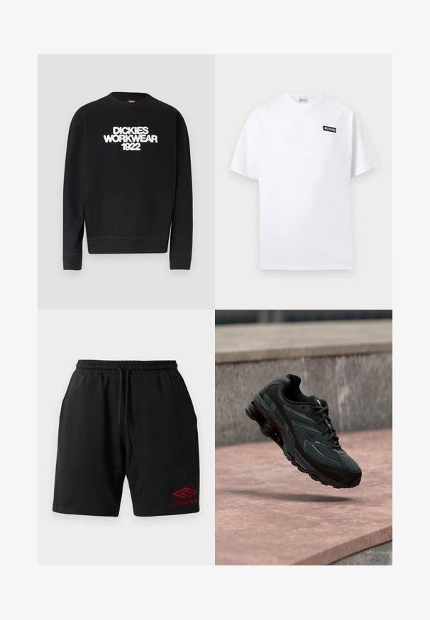 Must musta ümmarguse kaelusega dressipluus valge tekstuurse kirjaga "DICKIES WORKWEAR 1922" rinnal, soonikkoes mansetid ja ääred.; Valge lühikeste varrukatega T-särk väikese musta Columbia logomärgisega ülal vasakul rinnal, taust on ühtlane.; Mustas nööriga lühikesed püksid küljetaskutega ja punane Umbro logo tikandiga vasakul alaküljel.; Must sportlik toss nähtava õhkpadi keskmise tallaga, hõljudes roosa kivipinna kohal, mille taustal on hall kivimüür.