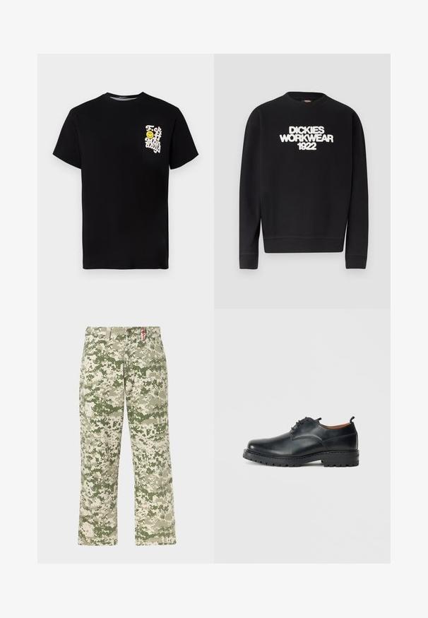 Čierna mikina s okrúhlym výstrihom s bielym textom "DICKIES WORKWEAR 1922" na hrudi, rebrované manžety a spodný lem.; Čierne bavlnené tričko s okrúhlym výstrihom, krátkymi rukávmi a bielym grafickým textom so žltým usmievavým tvárom na vrecku na hrudi.; Pánske nohavice s rovnými nohavicami s pixelovaným maskáčovým vzorom v zelených a béžových odtieňoch a prednými vreckami, zobrazené na svetlom pozadí.; Čierne kožené derby topánky s hladkým povrchom, zaoblenou špičkou, šnúrkovým zapínaním a hrubou, odolnou gumovou podrážkou.