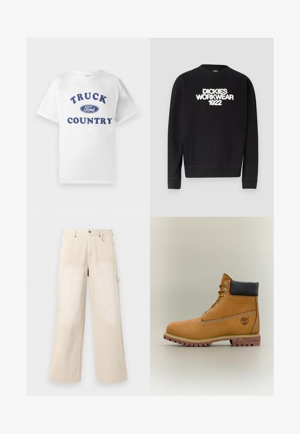 Sudadera negra con cuello redondo y texto blanco texturizado "DICKIES WORKWEAR 1922" en el pecho, puños y dobladillo acanalados.; Camiseta de algodón blanca con texto impreso en azul "TRUCK COUNTRY" y un logo ovalado en azul de "Ford" en el centro. Mangas cortas y cuello redondo.; Pantalones beige de pierna ancha con bolsillos delanteros, cierre de botón y trabillas para cinturón, mostrados sobre un fondo blanco liso.; Bota de tobillo de cuero marrón con cuello negro, cordones amarillos y suela beige. Presenta un logotipo y detalles de costura blanca. Suela exterior con tracción robusta.