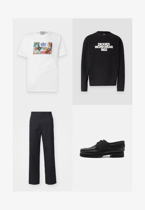Sweat-shirt noir à col rond avec texte blanc texturé "DICKIES WORKWEAR 1922" sur la poitrine, poignets et ourlet côtelés.; T-shirt blanc avec un graphique de baskets colorées formant la forme d'un logo rectangulaire surmonté d'une couronne bleue.; Pantalons droits noirs en tissu en mélange de coton. Présentent une taille plate avec passants de ceinture et sans matériel ou embellissements visibles.; Chaussure noire avec un dessus en cuir, des accents textiles, des lacets ronds et une semelle en caoutchouc texturé. Présente des coutures mocassins et des détails de marque.