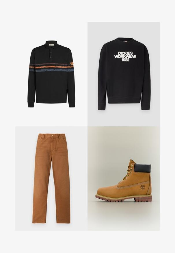 Sudadera negra con cuello redondo y texto blanco texturizado "DICKIES WORKWEAR 1922" en el pecho, puños y dobladillo acanalados.; Camisa polo negra de manga larga con un patrón de rayas horizontales texturizadas en naranja y azul, y un parche de logo en la manga izquierda.; Pantalones marrones de pierna recta con trabillas para cinturón, bolsillos frontales y cierre de botón, mostrados sobre un fondo claro y liso.; Bota de tobillo de cuero marrón con cuello negro, cordones amarillos y suela beige. Presenta un logotipo y detalles de costura blanca. Suela exterior con tracción robusta.