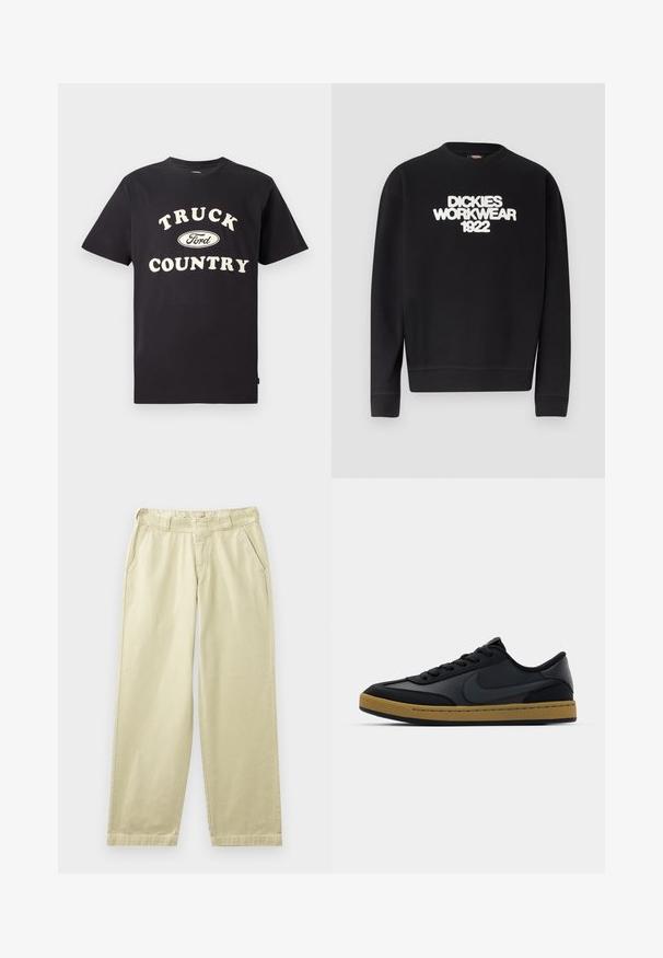 Čierna mikina s okrúhlym výstrihom s bielym textom "DICKIES WORKWEAR 1922" na hrudi, rebrované manžety a spodný lem.; Čierne bavlnené tričko s krátkymi rukávmi, na prednej strane s nápisom "TRUCK COUNTRY" v krémovej farbe a dizajnom loga Ford.; Béžové bavlnené nohavice s voľným strihom, vybavené bočnými vreckami, pútkami na opasok a rovnými nohavicami. Hladká textúra s minimálnymi detailmi švov.; Čierne kožené tenisky s nízkym strihom, s šnurovaním, gumovou podrážkou a akcentmi v farbe gumy. Obsahujú bočné logo a texturované materiály.