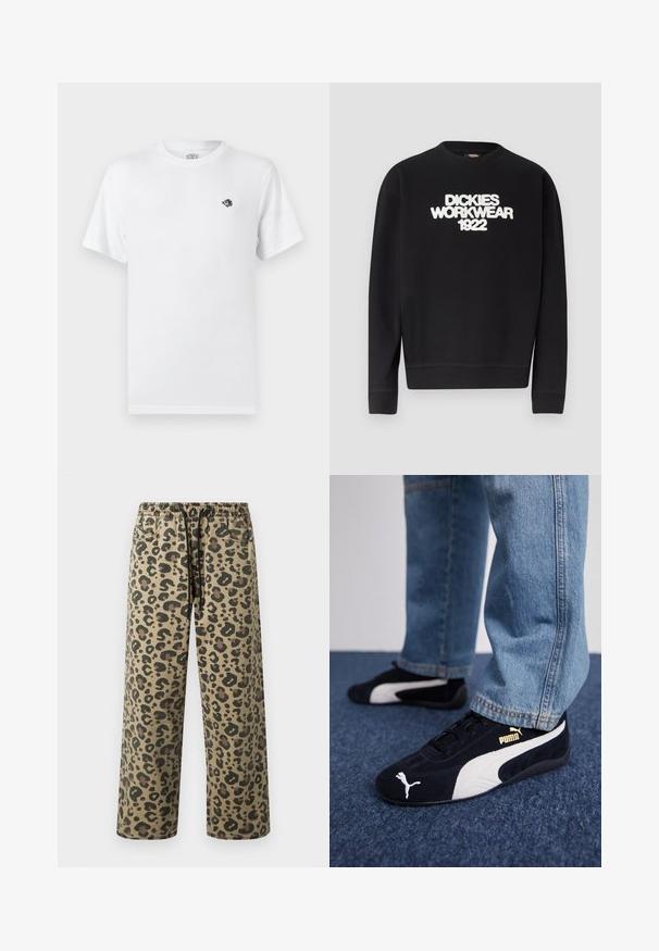 Sweat-shirt noir à col rond avec texte blanc texturé "DICKIES WORKWEAR 1922" sur la poitrine, poignets et ourlet côtelés.; T-shirt blanc uni à manches courtes et col rond avec un petit logo brodé noir et blanc sur le côté gauche de la poitrine.; Pantalon imprimé léopard en couleurs beige et marron, avec taille élastique à cordon, poches latérales et coupe décontractée.; Baskets en daim noir avec accents blancs, arborant un logo doré. Portées avec un jean en denim bleu clair et posées sur une surface bleue texturée.