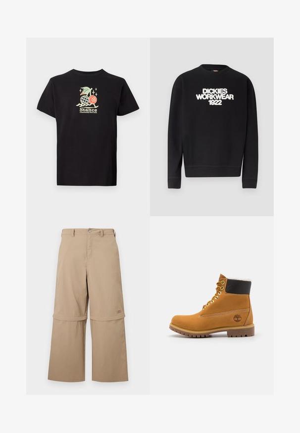 Schwarzer Rundhalsausschnitt-Pullover mit weißem, strukturiertem Text "DICKIES WORKWEAR 1922" auf der Brust, gerippte Bündchen und Saum.; Schwarzes Baumwoll-T-Shirt mit einem bunten Grafikdruck, der eine Ananas und Kirschen zeigt. Der Text lautet "Stance Community Run Club." Mit kurzen Ärmeln.; Beige Cargo-Hose zum Wenden mit abnehmbaren unteren Hosenbeinen, Gürtelschlaufen, Seitentaschen und Knopfverschluss, dargestellt vor weißem Hintergrund.; Braune Leder-Ankle-Boots mit Metallösen, weißem Kunstfellfutter, schwarzem gepolstertem Kragen, robustem Sohlenprofil und geprägtem Logo an der Seite.