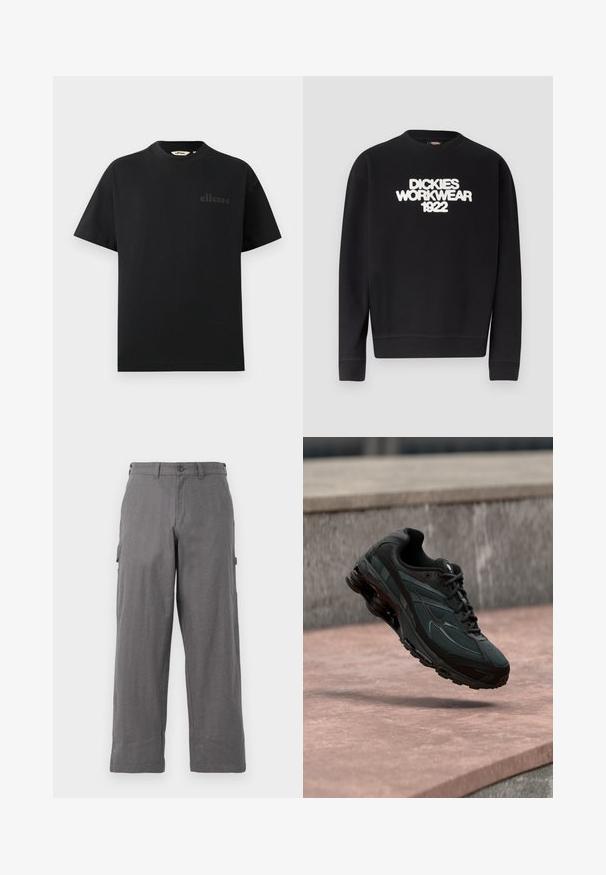 Čierna mikina s okrúhlym výstrihom s bielym textom "DICKIES WORKWEAR 1922" na hrudi, rebrované manžety a spodný lem.; Čierne bavlnené tričko so štandardným okrúhlym výstrihom a krátkymi rukávmi. Na hrudi má jemne vyrazené logo.; Sivé cargo nohavice s priamym strihom, vyrobené z odolnej tkaniny. Obsahujú bočné vrecká a zapínanie na gombík v páse.; Čierna atletická teniska s viditeľnou medzipodrážkou s air cushioning, ktorá visí nad ružovým kamenným povrchom s pozadím sivej kamennej steny.