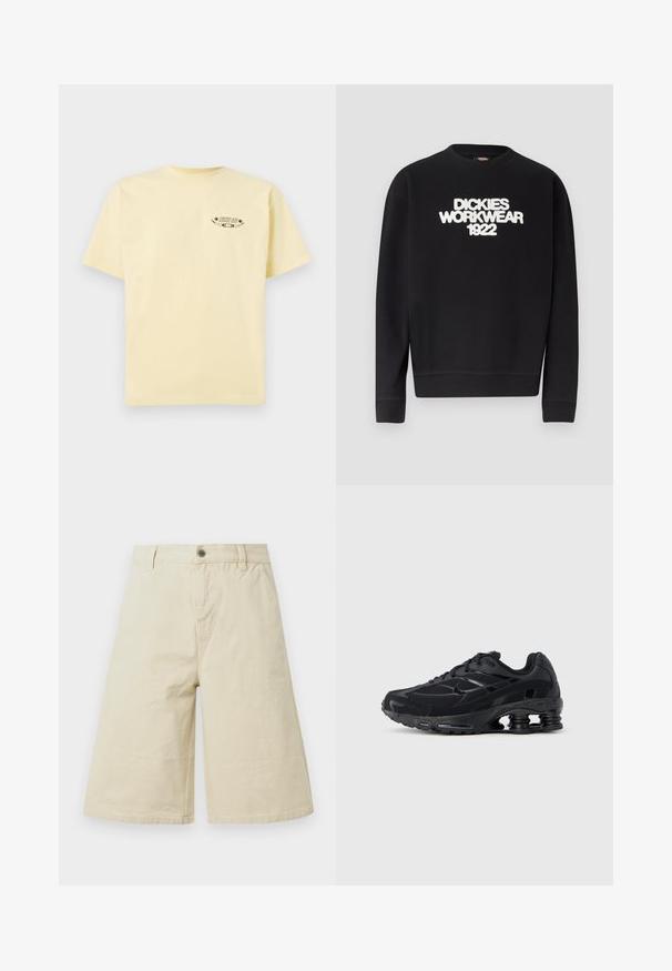 Čierna mikina s okrúhlym výstrihom s bielym textom "DICKIES WORKWEAR 1922" na hrudi, rebrované manžety a spodný lem.; Žlté bavlnené tričko s krátkymi rukávmi a okrúhlym výstrihom, s potlačeným grafickým logom na ľavej hrudi.; Béžové široké šortky dĺžky po kolená s pútkami na opasok, predným gombíkom, zipsovým zapínaním a bočnými vreckami.; Čierna športová obuv s hornou časťou z mikrovlákna, polstrovaným golierom a výraznou tlmiacou technológiou na päte. Má textúrované detaily a šnúrky.