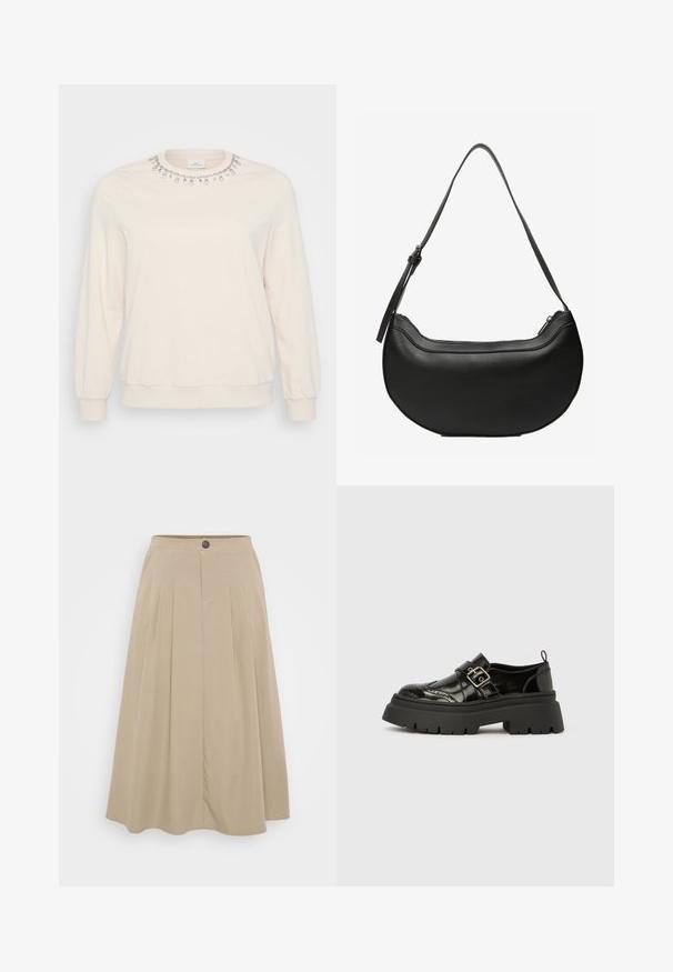 Harmaan beige-huppari, jossa on pitkät hihat, pyöreä pääntie ja koristeellisia kristallikoristeita kauluksen ympärillä. Pehmeä kangas.; Beige pleated skirt, joka on valmistettu pehmeästä kankaasta, jossa on istuva vyötärö nappisuljennalla ja virtaava A-linjan siluetti.; Musta kiiltäväpintainen loafers-kenkä, jossa on paksu nastapohja, brogue-yksityiskohdat ja hopeanvärinen solkiremmi jalkapöydän yli.; Mustanpuoleinen puolikuun muotoinen nahkainen olkalaukku, jossa pitkä säädettävä olkahihna ja ylhäällä vetoketjusuljin.