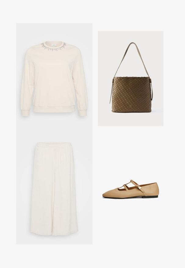 Lys beige sweatshirt med lange ærmer, rund halsudskæring og dekorative krystaludsmykninger langs kraven. Blød stoftekstur.; Hvide linned culotter med elastisk talje, brede ben og en tekstureret overflade. Beklædningen har en løs, afslappet pasform for komfort.; Beige flad sko med spids tå, to tynde remme, der krydser foden, og en lille spænde på ydersiden.; Flettet brun læderbucket taske med flad bund, bred åbning og en enkelt justerbar skulderrem. Har diskret præget logodetalje.