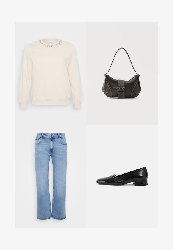 Lys beige sweatshirt med lange ærmer, rund halsudskæring og dekorative krystaludsmykninger langs kraven. Blød stoftekstur.; Lysblå vidde jeans lavet af denim, med fem lommer, en frontlynlås og en knaplukning. Subtile syninger langs sømmene.; Sorte patentlæder balletflade med spids tå, lav firkantet hæl og en lille metallisk spænde detalje på remmen. Glat tekstur.; Sort læder skuldertaske med spænde på remmen, afrundede kanter og kontrasterende hvide syninger på en ensfarvet baggrund.