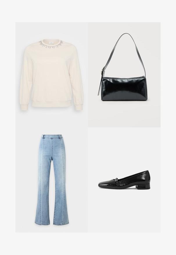 Lys beige sweatshirt med lange ærmer, rund halsudskæring og dekorative krystaludsmykninger langs kraven. Blød stoftekstur.; Lyseblå denim jeans med høj talje og vidde i benene, med enkelt design og bæltestropper, vist mod en ensfarvet hvid baggrund.; Sorte patentlæder balletflade med spids tå, lav firkantet hæl og en lille metallisk spænde detalje på remmen. Glat tekstur.; Sort rektangulær skuldertaske med en enkelt justerbar rem og lynlås i toppen på en ensfarvet baggrund.