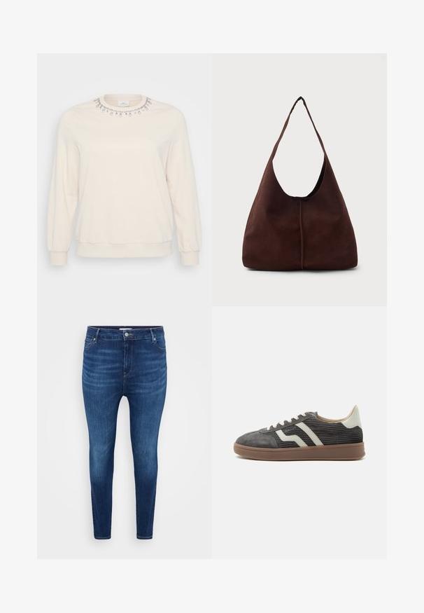 Helle beige Sweatshirt mit langen Ärmeln, Rundhalsausschnitt und dekorativen Kristallverzierungen entlang des Kragens. Weiche Textur.; Dunkelblaue Skinny-Jeans mit vorderen Taschen, Gürtelschlaufen und einem Knopfverschluss auf einem schlichten hellen Hintergrund.; Grauer Corduroy-Low-Top-Sneaker mit weißen Seitenstreifen, beigem Fersenlasche, weißen Schnürsenkeln und brauner Gummisohle.; Braune Wildleder-Hobo-Tasche mit einer großen, geschwungenen Öffnung und einem breiten Schulterriemen. Sie verfügt über eine mittige Naht auf der Vorderseite. Glatte Textur.