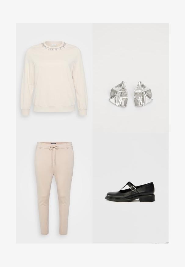 Lys beige sweatshirt med lange ærmer, rund halsudskæring og dekorative krystaludsmykninger langs kraven. Blød stoftekstur.; Beige letvægts joggerbukser med snoretræk i taljen og to sidelommer. Glat tekstur, tapered ben og minimalt sømadetail.; Sort Mary Jane-sko i læder med rund tå, T-remdesign, justerbar spænde og lav stablet hæl. Glat tekstur med minimal detaljering.; Sølvmetal øreringe med et bølgende, skulpturelt design, der har en poleret overflade og uregelmæssige former, hvilket fremhæver en moderne æstetik.