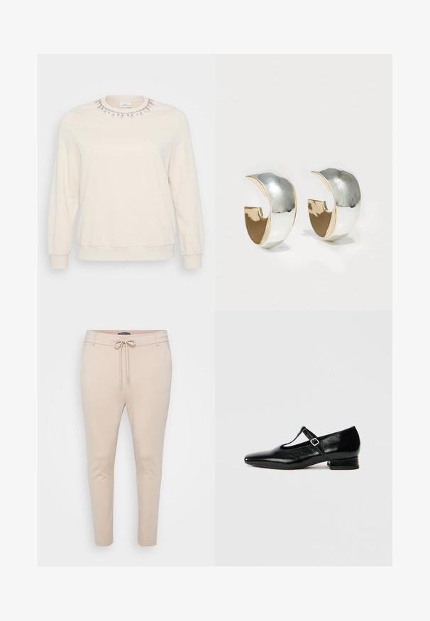 Lys beige sweatshirt med lange ærmer, rund halsudskæring og dekorative krystaludsmykninger langs kraven. Blød stoftekstur.; Beige letvægts joggerbukser med snoretræk i taljen og to sidelommer. Glat tekstur, tapered ben og minimalt sømadetail.; Sorte Mary Jane-sko i læder med spids tå, lille blokhæl og justerbar rem med sølvspænde. Glat, blank tekstur.; Uncommon Matters SCULPTED CREOLE - Øreringe - silver-coloured/gold-coloured