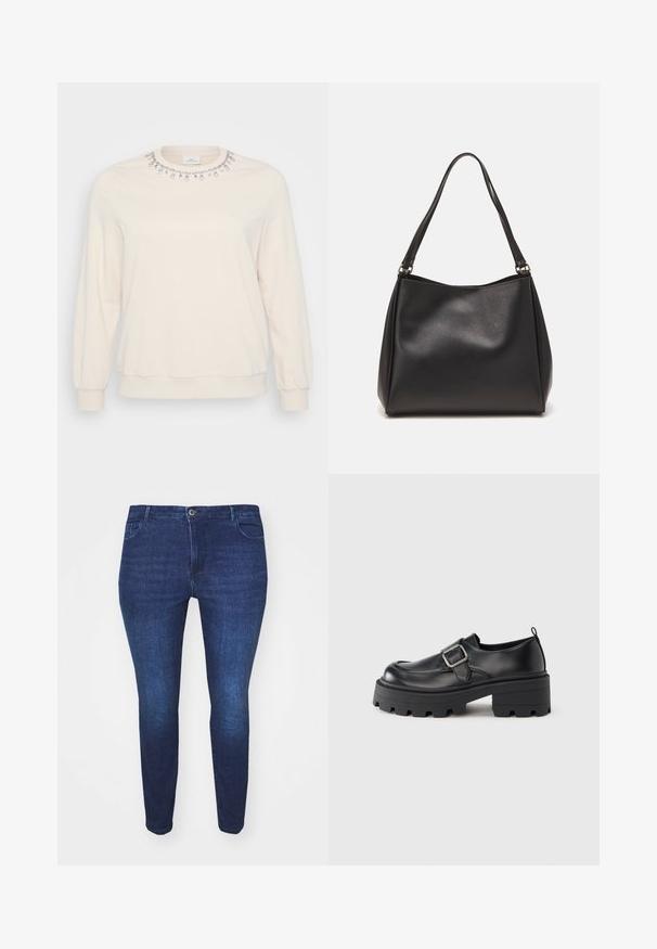 Helle beige Sweatshirt mit langen Ärmeln, Rundhalsausschnitt und dekorativen Kristallverzierungen entlang des Kragens. Weiche Textur.; Dunkelblaue Slim-Fit-Jeans aus Denim mit einem Frontknopf und Taschen, von der Front gegen einen weißen Hintergrund gezeigt.; Schwarze Plateau-Lederschuhe mit abgerundeter Spitze, breitem Schnallendetail an der Seite und strukturierter Gummisohle.; Schwarze Handtasche aus synthetischem Leder mit weicher Textur, Hobo-Form und doppelten Schulterriemen; zeichnet sich durch ein glänzendes Finish und minimalistisches Design aus.
