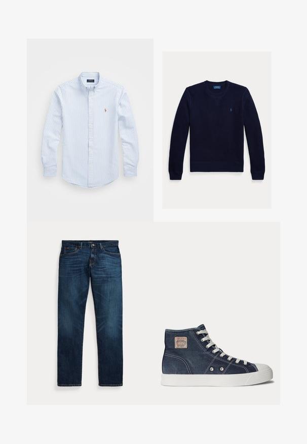 Pull tricot bleu marine avec col en V, poignets et ourlet côtelés. Présente un petit logo sur la poitrine gauche. Tissu texturé pour plus de chaleur.; Chemise à rayures bleu clair et blanche, à boutons, avec un col, des manches longues et un petit logo brodé sur la poitrine. Matériau en coton.; Jean en denim bleu foncé avec légère décoloration sur les cuisses et les poches, fermeture par bouton et zip, et design à cinq poches, posé à plat sur fond blanc.; Basket montante bleu marine avec lacets blancs, semelle en caoutchouc blanche, œillets métalliques et petit patch beige de marque sur la zone de la cheville.