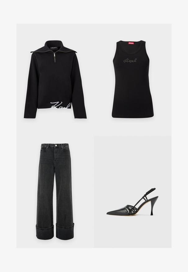 Zwarte sweatshirt met een hoge kraag, ritssluiting aan de voorkant en lange mouwen. De onderkant is afgewerkt met een witte geborduurde "Karl" handtekening.; Zwarte mouwloze tanktop met rhinestone "Diesel"-logo op de borst en rood merklabel aan de binnenkant van de halslijn.; Zwarte denim wijde pijpen jeans met een hoge taille, voorzien van een knoopsluiting, frontzakken en omgeslagen zomen voor een onderscheidende uitstraling.; Zwarte leren hoge hak slingback schoen met spitse neus, crisscross bandontwerp en slanke stilettohak. Smooth textuur en minimale accenten.