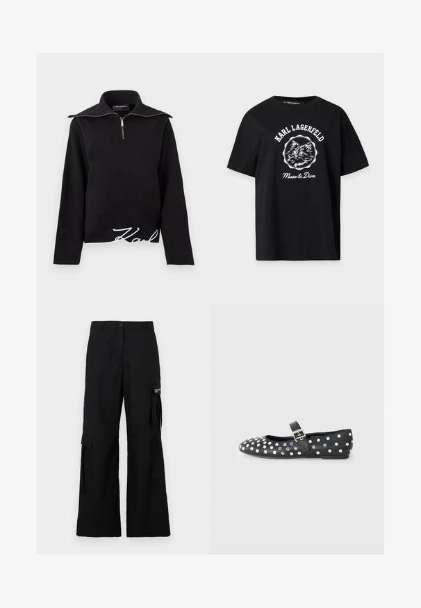 Sort sweatshirt med højt krave, lynlås foran og lange ærmer. Den nederste kant har en hvid broderet "Karl"-signatur.; Sort t-shirt med hvid grafik af en kats ansigt, "KARL LAGERFELD" over og "Muse & Diva" under kattebilledet.; Sorte cargo bukser med bred ben design, der har sidelommer, en knaplukning og er lavet af et let stof.; Sorte læder flade sko med rund tå, prydet med sølvnitter i et prikket mønster og en spænde rem over vristen.