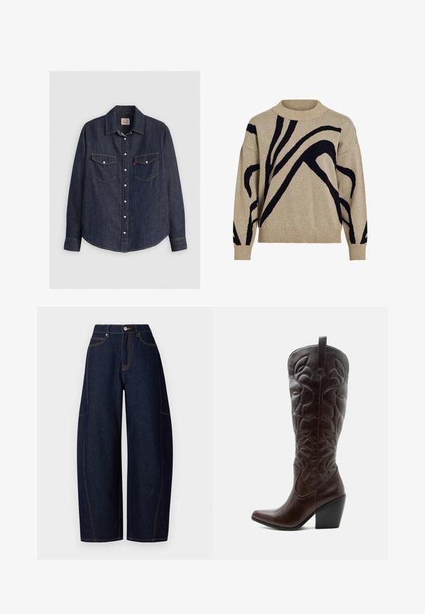 Pull en tricot beige avec des lignes courbes abstraites noires, col roulé côtelé, poignets et ourlet, présenté sur fond blanc.; Chemise en denim bleu foncé à manches longues, avec un devant à boutons, deux poches poitrine avec rabats et des coutures jaunes contrastantes.; Pantalons en denim bleu foncé à jambes larges avec des coutures orange contrastantes, cinq poches, et une fermeture à bouton et fermeture éclair à la taille.; Botte de cowboy haute en cuir marron foncé avec motifs décoratifs cousus, bout pointu et talon bloc empilé.