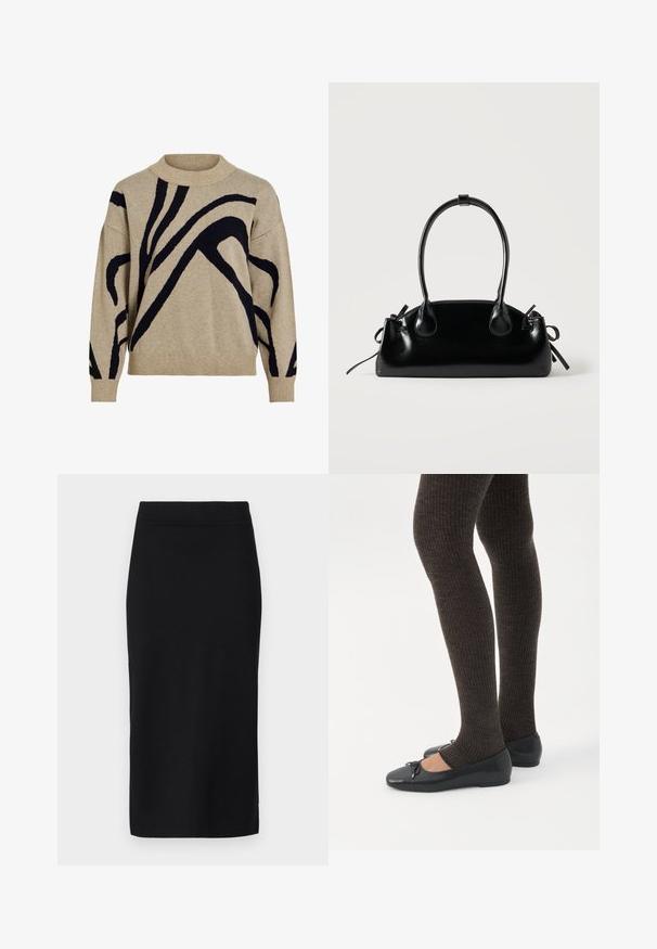 Beige striktrøje med sorte abstrakte buede linjer, ribstrikket høj hals, manchetter og kant, præsenteret mod hvid baggrund.; Sort knælang nederdel lavet af glat stof, med et tætsiddende design, diskret talje og uden synlige lukninger eller lommer.; Ben iført mørke ribbede leggings kombineret med sorte balletsko med små sløjfedetaljer på hvid baggrund.; Lille sort blank håndtaske med to lange håndtag og snøre-detaljer i siden på en ensfarvet lys baggrund.