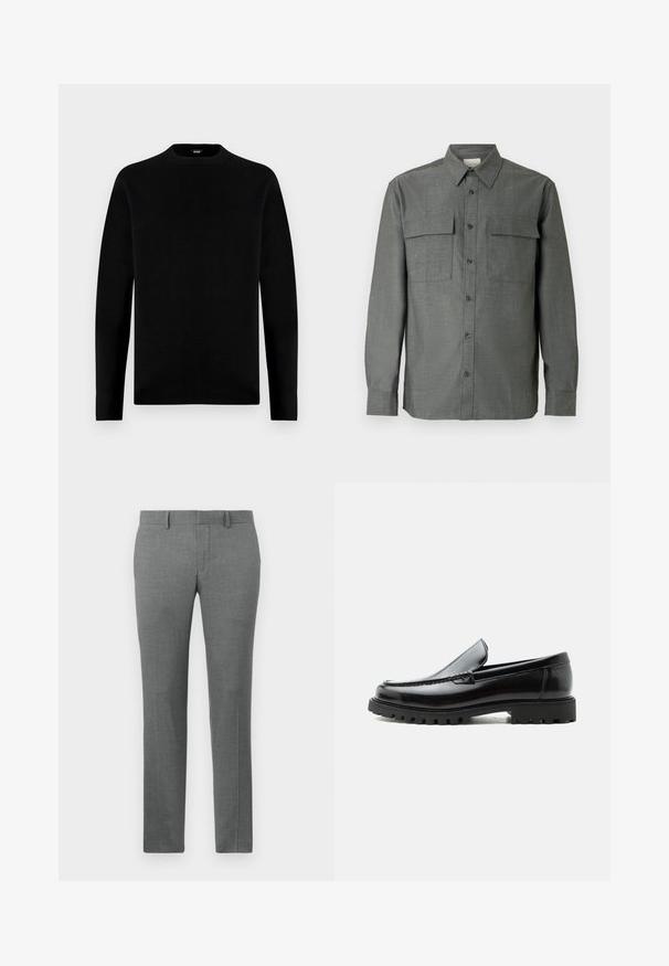 Pull noir à manches longues avec col rond, au design simple et uni, et une petite étiquette de marque à l'intérieur du col.; Chemise grise à boutons avec col structuré, deux poches poitrine, manches longues avec poignets boutonnés ; finition en tissu texturé.; Pantalons gris ajustés avec une texture lisse, design à jambe droite, passants de ceinture et un motif chevron subtil sur l'ensemble.; Mocassin en cuir noir avec semelle en caoutchouc épaisse, dessus cousu et nom de marque embossé sur le talon, présenté de profil sur fond blanc.