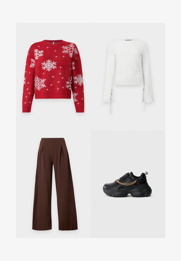 Suéter rojo con cuello redondeado, decorado con copos de nieve blancos y acentos brillantes. Puños y dobladillo acanalados, diseño corto.; Camiseta blanca de manga larga ajustada con tela texturizada y lazos en las muñecas, con un escote recto y longitud corta.; Pantalones de pierna ancha en tela marrón oscuro, con cintura alta, pliegues en la parte delantera y una textura suave. Adecuados para diversas ocasiones.; Zapatillas negras robustas con parte superior de cuero texturizado, suela gruesa de goma y detalles de cadena dorada a lo largo de la parte superior para un acento distintivo.