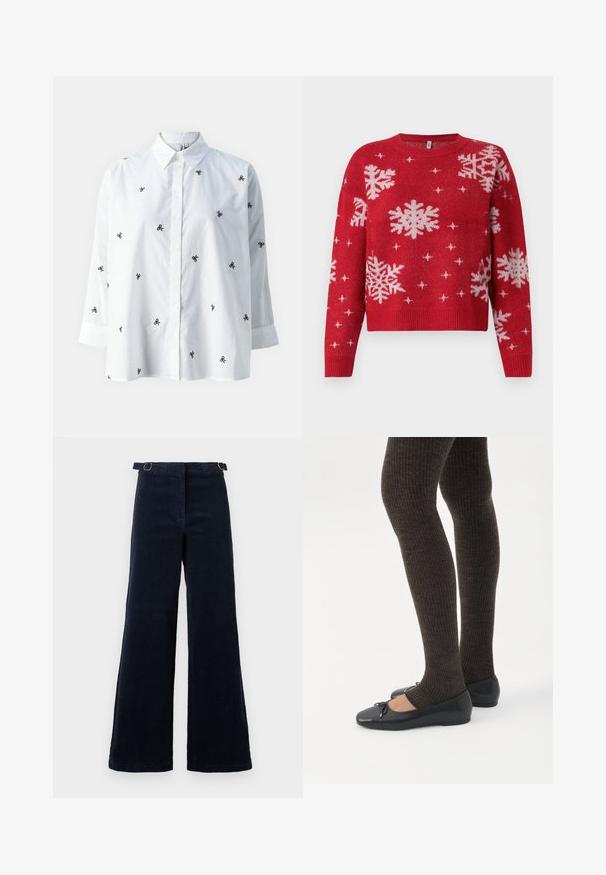 Rød sweater med en rund halsudskæring, med hvide snefnug og glitrende detaljer overalt. Ribbet manchetter og kant, cropped design.; ONLY ONLNEW LINA GRACE LS EMB SHIRT NOOS WVN - Skjortebluser - bright white/black; Mørk marineblå brede corduroybukser med justerbare sidebånd med spænder ved taljen mod en ensfarvet baggrund.; Ben iført mørke ribbede leggings kombineret med sorte balletsko med små sløjfedetaljer på hvid baggrund.