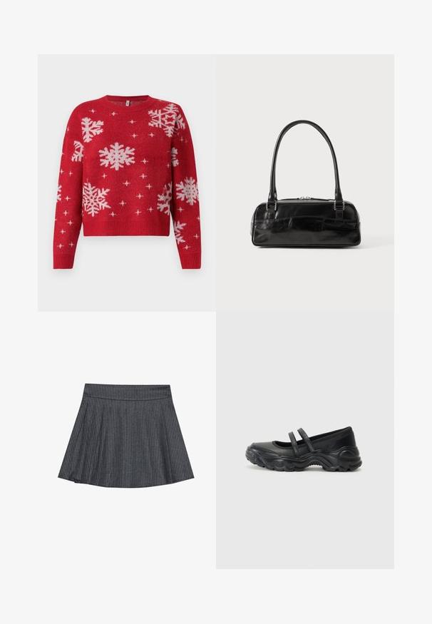 Rød sweater med en rund halsudskæring, med hvide snefnug og glitrende detaljer overalt. Ribbet manchetter og kant, cropped design.; Grå stribede skater nederdel med en tætsiddende talje, udformet i A-linje og en blød stofstruktur. Lodrette linjer øger den visuelle interesse.; Sorte læder mary jane flade sko med to justerbare remme, en rund tå og en struktureret gummisål for ekstra greb.; Sort læderhåndtaske med rektangulær form, der har et enkelt struktureret håndtag, sølvhardware og lynlås-lukning. Glat tekstur.