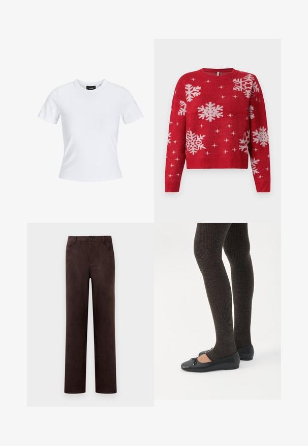 Rød sweater med en rund halsudskæring, med hvide snefnug og glitrende detaljer overalt. Ribbet manchetter og kant, cropped design.; Hvid tætsiddende t-shirt med korte ærmer, rund halsudskæring og et lille sort mærke indeni kraven.; Mørkebrun suedebukser med lige ben, frontknap og lynlås, bæltesløjfer og sidelommer.; Ben iført mørke ribbede leggings kombineret med sorte balletsko med små sløjfedetaljer på hvid baggrund.