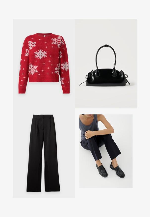 Pull rouge avec un col rond, orné de flocons de neige blancs et d'accents scintillants. Manches et ourlet côtelés, design cropped.; Pantalon large noir avec une texture lisse, comportant des plis avant, une taille plate et des passants de ceinture. Design simple et tailleur.; Mocassins en cuir noir avec accents texturés, talon bas, bout arrondi, et coutures visibles. Modèle portant un pantalon sombre et un haut gris.; Petit sac à main noir brillant avec deux longues anses et des détails à cordon sur les côtés sur un fond clair uni.