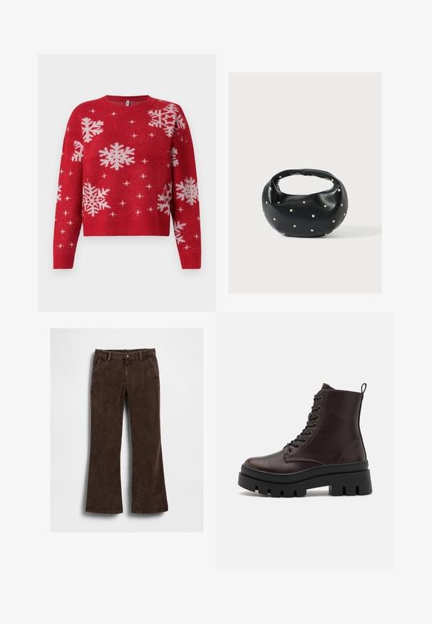 Rød sweater med en rund halsudskæring, med hvide snefnug og glitrende detaljer overalt. Ribbet manchetter og kant, cropped design.; Brune manchetflarede bukser i fløjl med en glat tekstur, med forlommer og en enkelt knaplukning i taljen.; Brune læder ankelstøvler med en rund tå, sort kraftig sål og snørredetaljer. Har en bageste løkke for nem påtagning.; Sort læderhåndtaske med en rundet form, dekoreret med sølvnitter, og et kort håndtag. Glat tekstur og lynlåslukning.