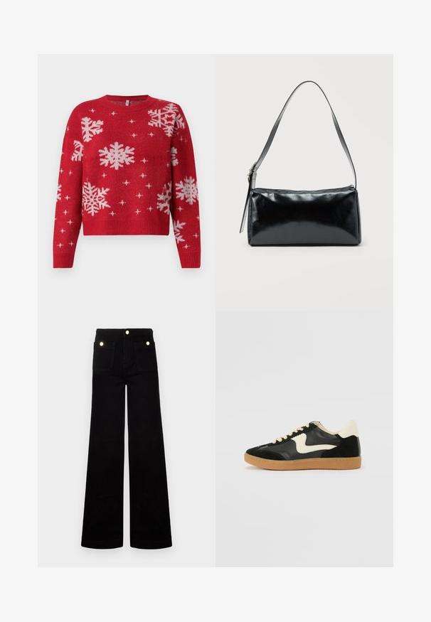 Roter Pullover mit rundem Halsausschnitt, verziert mit weißen Schneeflocken und funkelnden Akzenten. Gerippte Bündchen und Saum, verkürztes Design.; Schwarze, ausgestellte Jeans aus Denim mit hoher Taille, zwei vorderen Taschen und goldfarbenen Hardware-Akzenten. Glatte Textur, weites Bein-Design.; Schwarze Wildleder- und Leder-Sneaker mit einem cremefarbenen Seiten-Swoosh und einer hellcremefarbenen Ferse. Ausgestattet mit beige Schnürsenkeln und einer Gummilaufsohle.; Schwarze rechteckige Schultertasche mit einem verstellbaren Riemen und einem oberen Reißverschluss vor einfachem Hintergrund.