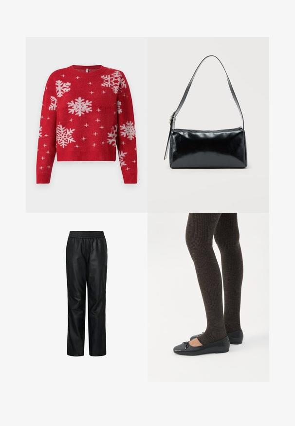 Suéter rojo con cuello redondeado, decorado con copos de nieve blancos y acentos brillantes. Puños y dobladillo acanalados, diseño corto.; Pantalones de cuero negro con cintura elástica, diseño estructurado, piernas anchas, textura suave y costuras visibles y detalles de panel.; Piernas con leggings oscuros acanalados combinados con bailarinas negras que presentan pequeños detalles de lazo sobre un fondo blanco.; Bolso de hombro rectangular negro con una correa ajustable y un cierre de cremallera superior sobre un fondo liso.