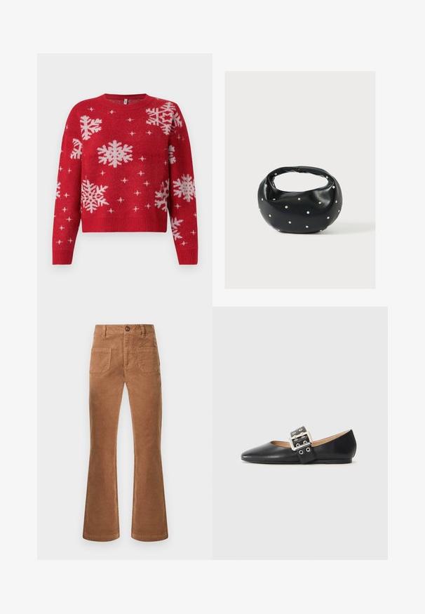 Roter Pullover mit rundem Halsausschnitt, verziert mit weißen Schneeflocken und funkelnden Akzenten. Gerippte Bündchen und Saum, verkürztes Design.; Braune Cord-Flared-Pants mit einem Bund, einem vorderen Knopf und zwei hinteren Taschen. Glatte Textur und klassischer Schnitt.; Schwarzer flacher Lederschuh mit spitz zulaufender Schuhspitze und einem dekorativen Riemen mit silberfarbener Schnalle sowie kleinen Ausschnitten.; Schwarze Lederhandtasche mit abgerundeter Form, verziert mit silbernen Nietenakzenten und kurzem Griff. Glatte Struktur und Reißverschlussverschluss.
